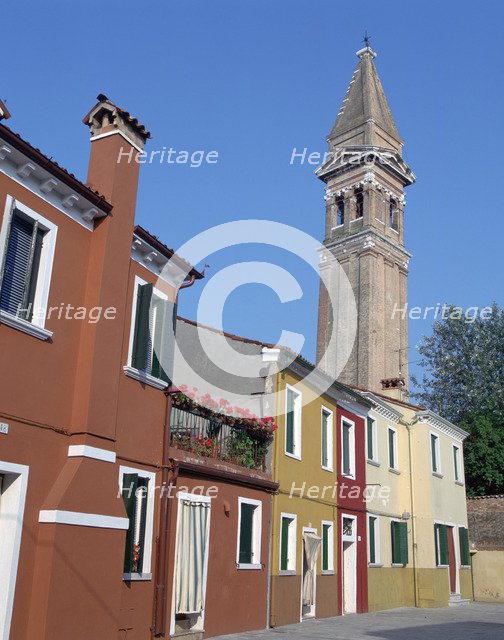 Campanile of the Church of San Martino and painted houses, Burano, Venice, Italy.
