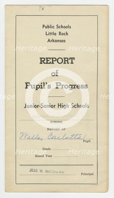 Report card for Carlotta Walls from Little Rock Central High School, 1957 - 1958. Creator: Unknown.