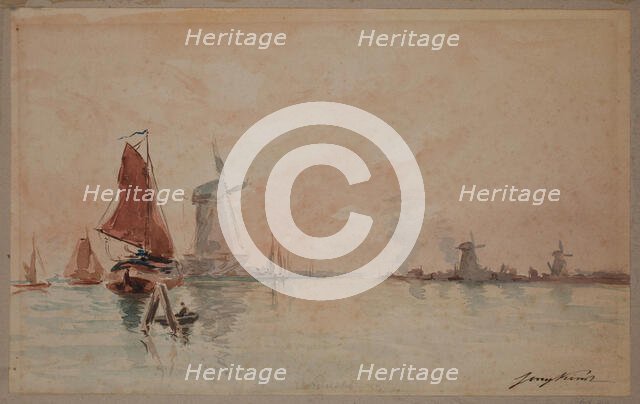 Boats on a Canal and Windmills near Dordrecht, c1920. Creator: School of Johan Barthold Jongkind.