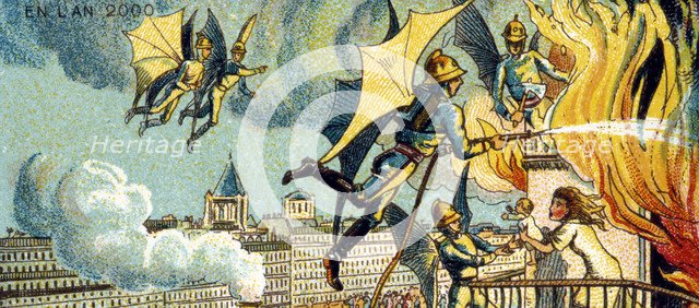 Flying Fireman. From the series Visions of the Year 2000, 1899. Artist: Côté, Jean-Marc (active End of 19th cen.)