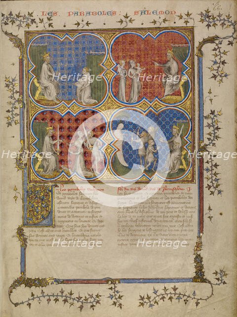 Solomon Teaching Rehoboam; The Judgment of Solomon; Solomon Testing the Legitimacy..., about 1360-70 Creator: Master of Jean de Mandeville.
