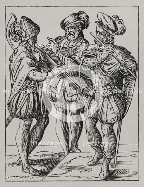 German musicians playing on the flute and goat's horn, 16th century (1877). Creator: Jost Ammon.