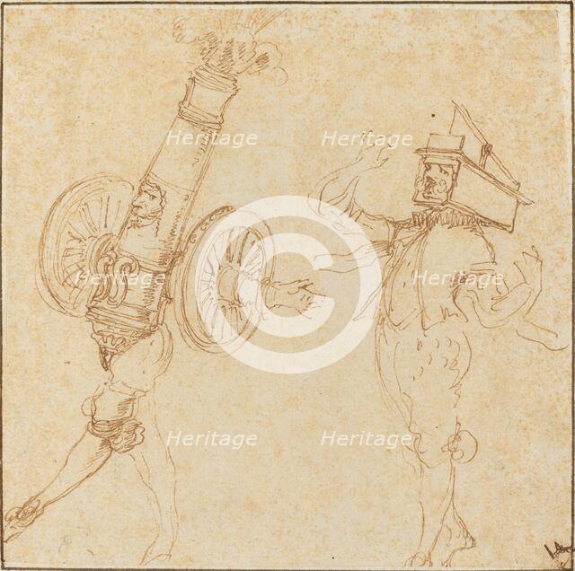 Two Men in Masquerade Costumes: A Cannon Firing and a Cat Inside a Mousetrap, c. 1645. Creator: Stefano della Bella.