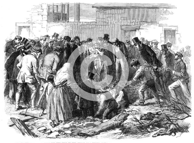 The Flood at Sheffield: searching for the dead in the cellar of a ruined house at Neepsend, 1864. Creator: Unknown.