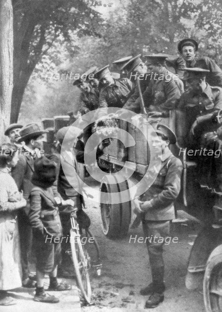 British troops on the way to the front, France, 1914. Artist: Unknown