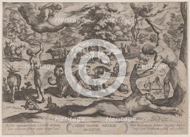 Plate 1: Cain Killing Abel, from 'The Battles of the Old Testament', ca. 1590..., ca. 1590-ca. 1610. Creator: Antonio Tempesta.