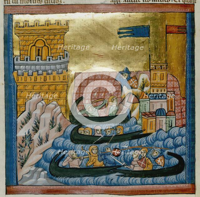 Naval battle between the fleets of Crete and Athens, with troops in a ship..., c1285. Creator: Unknown.