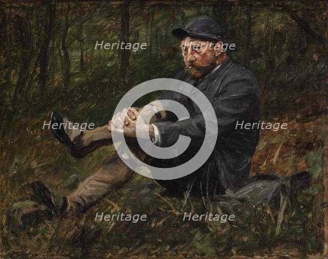 The architect Thorvald Bindesboll in a spruce forest on Kullen, 1889. Creator: August Jerndorff.