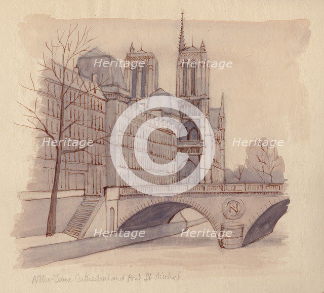 'Notre Dame Cathedral and Pont St-Michel', 1951. Creator: Shirley Markham.