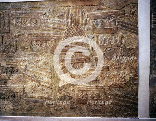 Assyrian relief showing transport of timber from Lebanon by water, Khorsabad, c8th century BC. Artist: Unknown