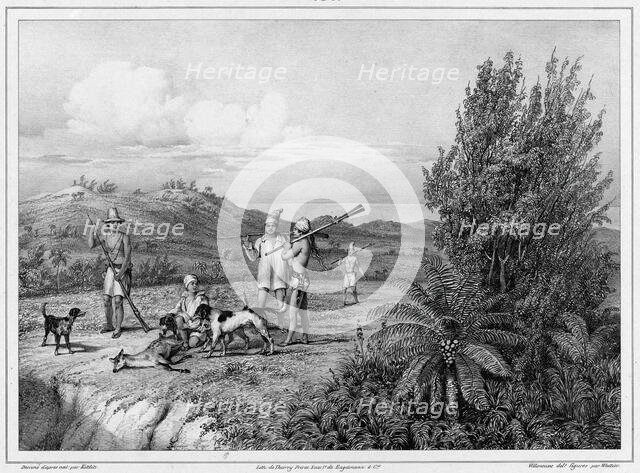 Hunting the Stag of the Mariana Islands, Guam Island, 19th century. Creators: Friedrich Heinrich Kittlitz, Godefroy Engelmann, Louis Jules Federe Villeneuve, Emile-Charles Wattier.