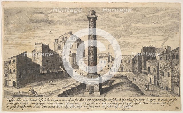 Plate 31: view of the column of Trajan, shown with its pedestal dug out from the earth, su..., 1606. Creator: Aegidius Sadeler II.