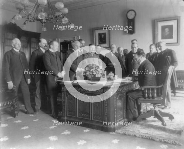 Exchange of the ratifications of the treaty of peace with Spain, made in the President's..., c1899. Creator: Unknown.