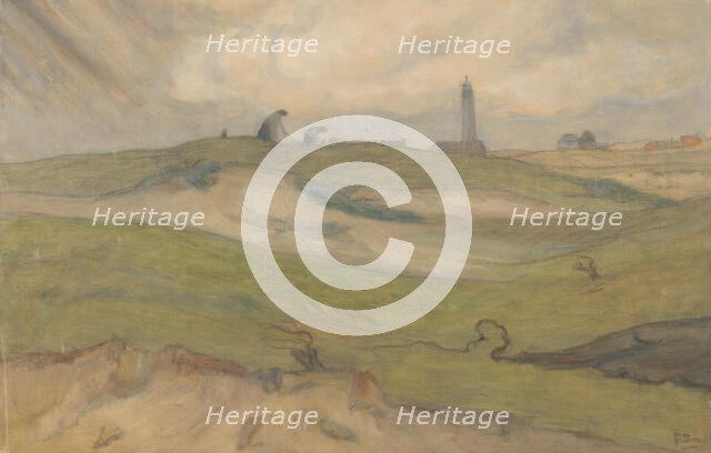 Dune landscape with lighthouse and people mending fishing nets, 1872-1944.  Creator: Frans Smissaert.