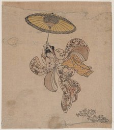 Young Woman Jumping from the Kiyomizu Temple Balcony with an Umbrella as a Parachute , 1765.