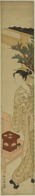 The Waitress Osen of the Kagiya Teahouse Holding a Fan, c. 1768/69. Creator: Suzuki Harunobu.