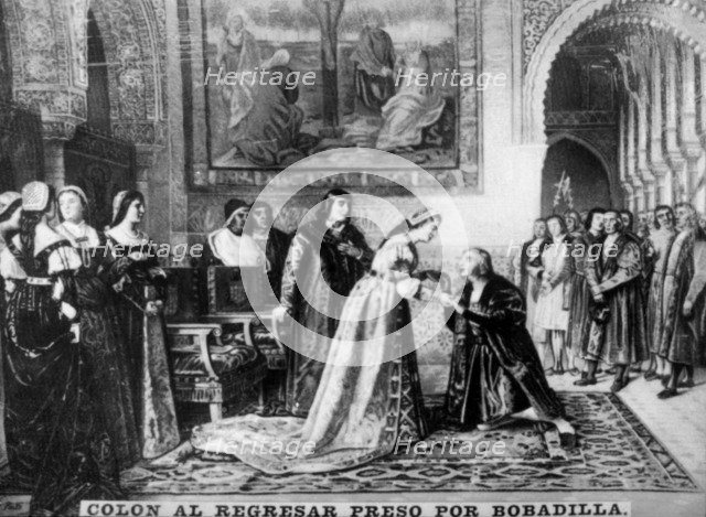 Colon returning to Spain as a prisoner, (16th century), 1920s. Artist: Unknown.