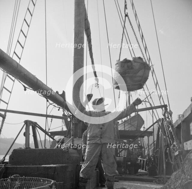 Dock stevedores at the Fulton fish market sending up baskets of fish from the..., New York, 1943. Creator: Gordon Parks.