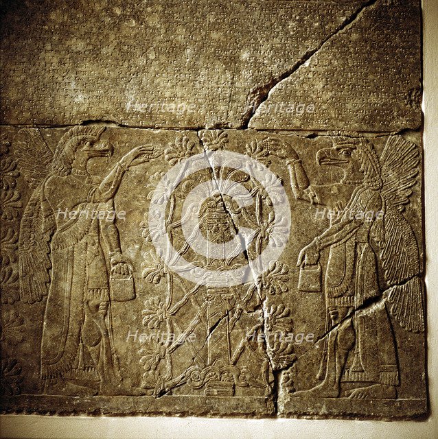 Assyrian relief of a Sacred tree flanked by two winged genies. Artist: Unknown