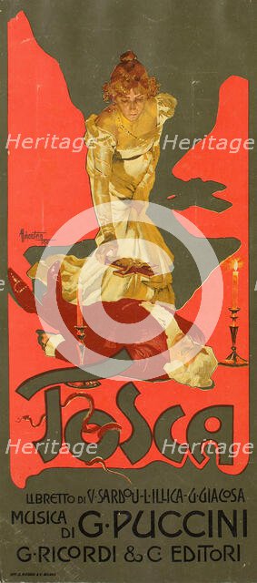 Poster for the Opera Tosca by G. Puccini, 1899. Creator: Hohenstein, Adolfo (1854-1928).