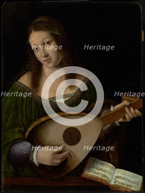Lady Playing a Lute, about 1530. Creators: Bartolommeo Veneto, Workshop of Bartolomeo Veneto.