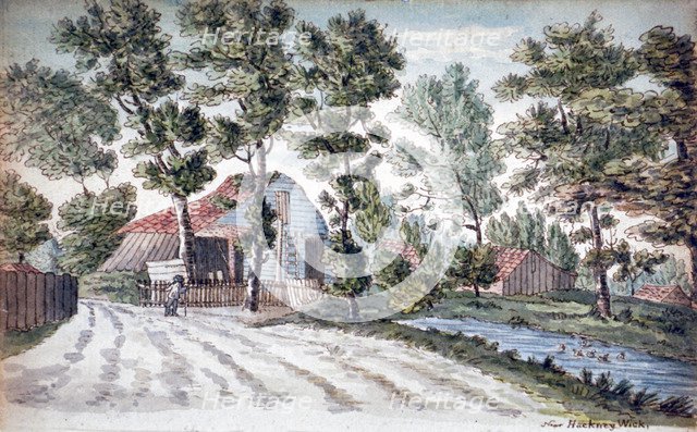 View of farm buildings near a stream in Hackney Wick, London, c1795.                       Artist: Henry Vaughan
