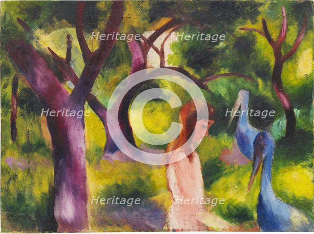 Girl with blue birds (Kid with blue birds), 1914. Creator: Macke, August (1887-1914).