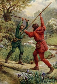 'The Fight Between Robin Hood and Little John', 1932.  Creator: Howard Davie.