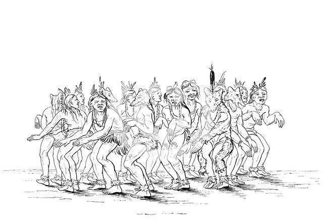 The Sioux tribe performing a bear dance, 1841.Artist: Myers and Co