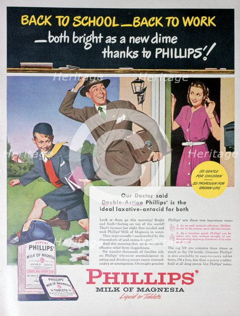 Advert for Phillips' milk of magnesia, 1946. Artist: Unknown