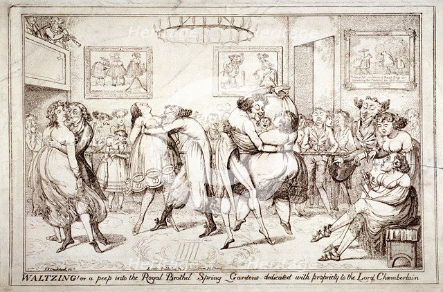 'Waltzing! Or a peep into the Royal Brothel, Spring Gardens', London, c1816.  Artist: Isaac Robert Cruikshank