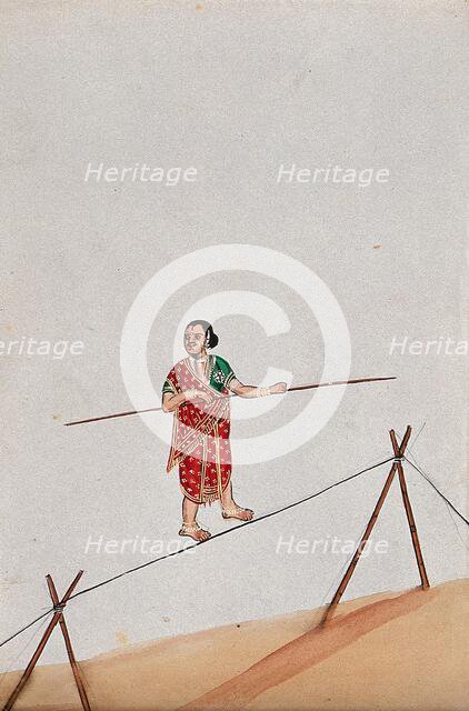 A woman acrobat holding a long stick and walking the tight rope, (between 1800 and 1899?). Creator: Unknown.