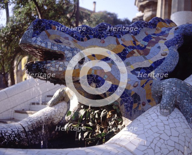 Detail of the dragon in the entrance stairway to Park Güell, built between 1900-1914 by Antoni Ga…