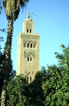 Minaret of the Koutoubia Mosque, Marakesh, Morocco.