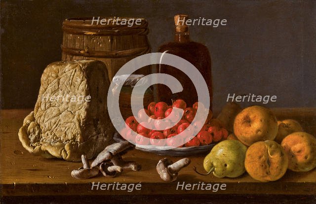 Still life with a plate of azaroles, fruit, mushrooms, cheese and receptacles. Creator: Meléndez, Luis Egidio (1716-1780).