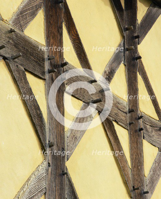 Detail of timber framing on the exterior of the gatehouse of Stokesay Castle, Shropshire, c2000s(?). Artist: Unknown.