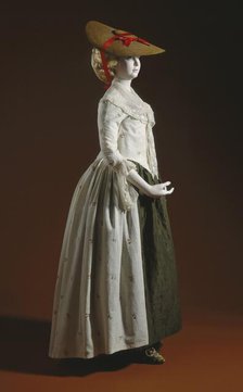 Woman's Robe à l'anglaise ensemble (gown, petticoat, fichu); hat; and shoes, Robe: 1780-1790.  Creator: Unknown.