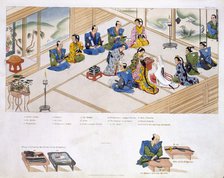 Japanese Marriage: the two families meeting, with mediator; pub. 1824. Creator: Japanese School (19th century).