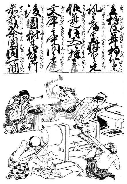 Primitive pole lathe, from a Japanese trades encyclopedia, 1828 (1956). Artist: Unknown