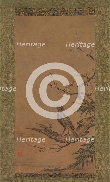 Brown-Eared Bulbul (Hiyodori) on a Branch of Plum, mid- to late 16th century. Creator: Kano Shoei.