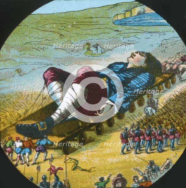 The Lilliputians convey the sleeping Gulliver to their city, lantern slide, late 19th century. Creator: Unknown.
