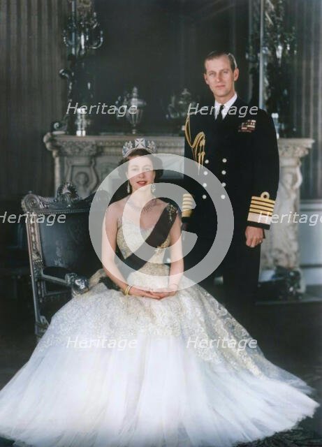 HM Queen Elizabeth II and HRH Duke of Edinburgh at Buckingham Palace, 12th March 1953.  Creator: Sterling Henry Nahum Baron.