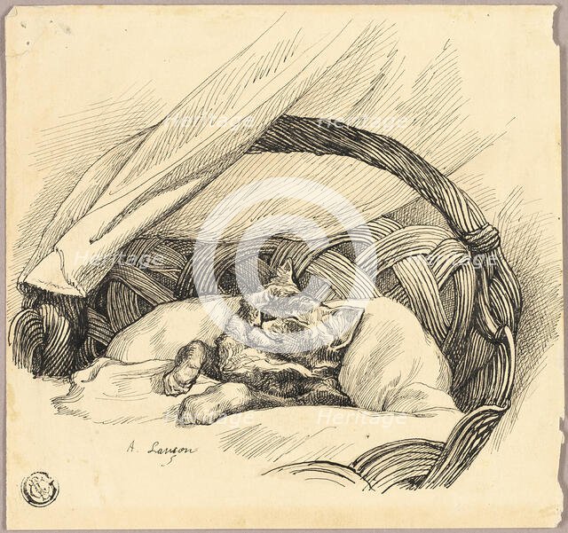 Cat Asleep in Basket, n.d. Creator: Auguste-Andre Lancon.