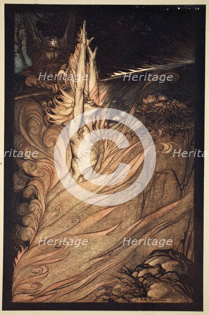 'Appear, flickering fire, Encircle the rock with thy flame! Loge! Loge! Appear!', 1910.  Artist: Arthur Rackham