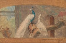 Design for a dessus-de-porte: branch with peacock and other birds, 1874.  Creator: August Allebe.