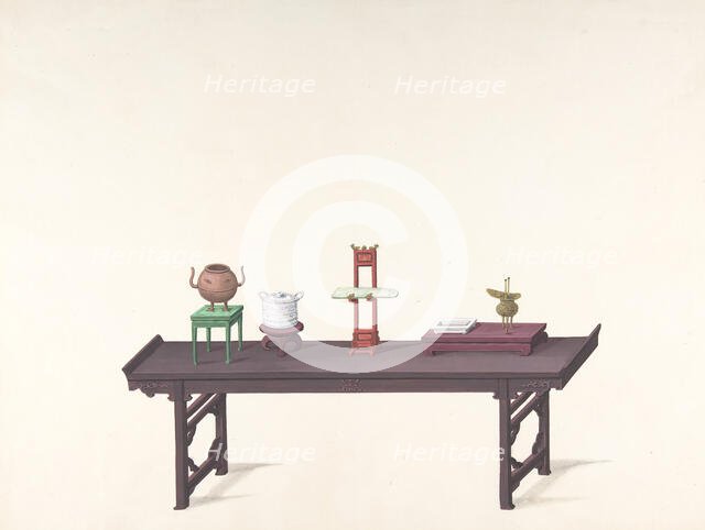 Long, Low Purple Lacquer Table with Objects, 19th century. Creator: Anon.