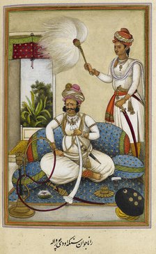 Portrait of Maharana Javan Singh of Udaipur (r.1828-1838), smoking a hookah, 1830. Creator: Anon.