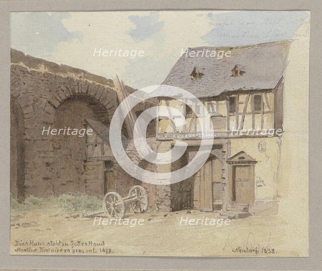 Half-timbered house leaning against a wall in Neudorf near Eltville, 1838. Creator: Carl Theodor Reiffenstein.