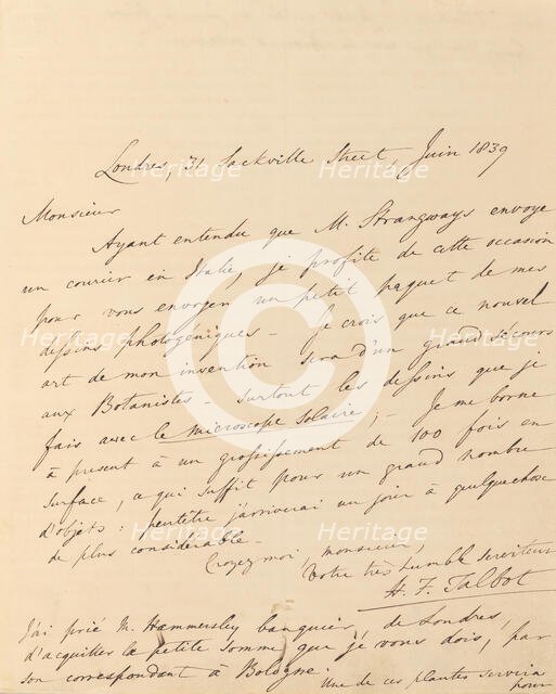 [Manuscript Letter from W. H. Fox Talbot to Antonio Bertoloni], 1839. Creator: William Henry Fox Talbot.