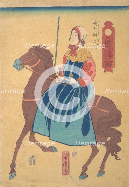 English Woman on Horseback, 1st month, 1861. Creator: Utagawa Yoshitora.